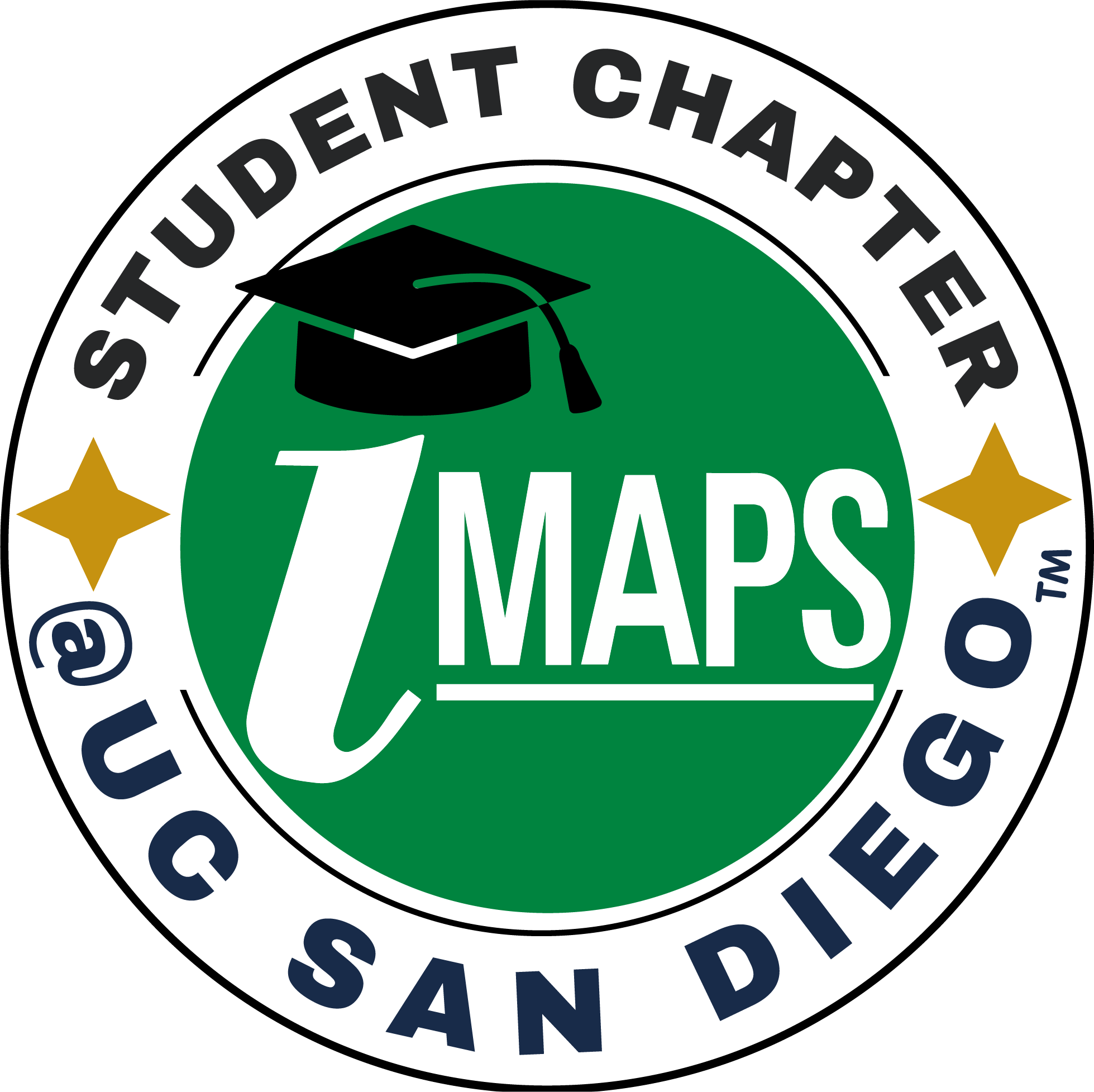 IMAPS UC San Diego logo which has the IMAPS logo in the middle with a graduation cap on the "I". "UC San Diego" text is around a circle on the top in navy. The words "STUDENT CHAPTER" are below in black. On the left and right are gold stars.